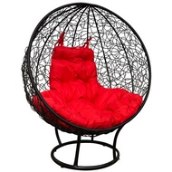 Кресло Кокон круглый ротанг (чёрное с красной подушкой) напольное