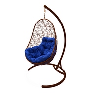 Кресло подвесное Кокон Овал Ротанг (коричневое с синей подушкой)