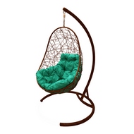 Кресло подвесное Кокон Овал Ротанг (коричневое с зелёной подушкой)