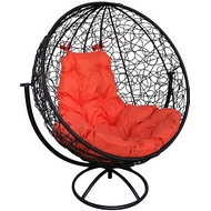 Кресло Кокон вращающийся круглый ротанг (чёрное с оранжевой подушкой) напольное
